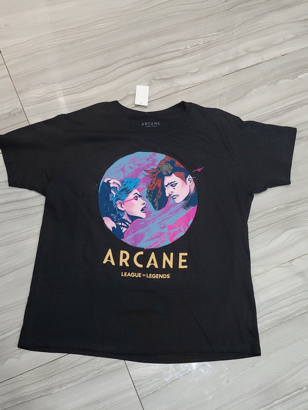 Arcane League of Legends Black Graphic Tee - Pink & Blue Artwork